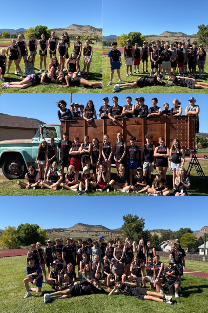 A cross-country team poses for photos outdoors, featuring groups of athletes in matching uniforms with a scenic backdrop.