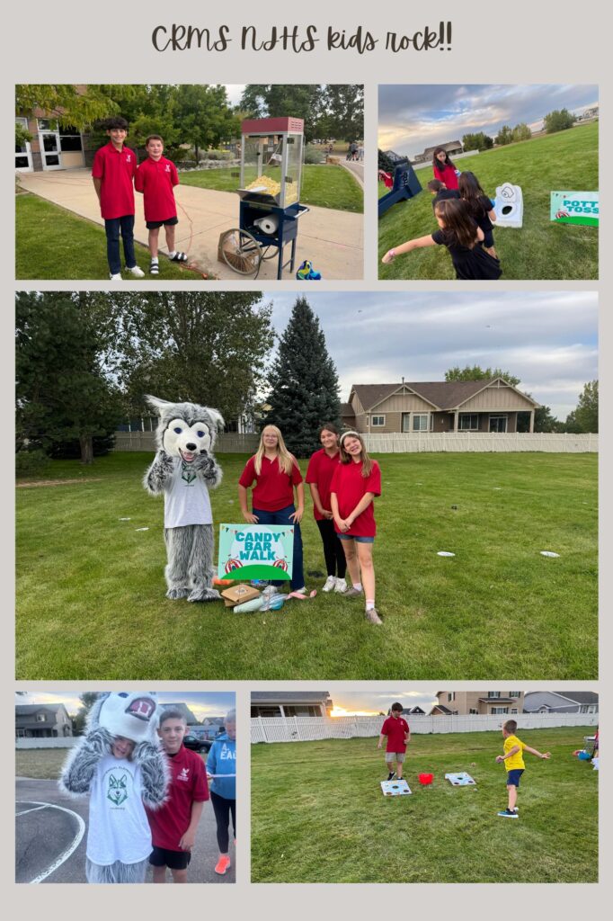 Students in red shirts participate in outdoor activities, including games and a popcorn stand, with a mascot present.