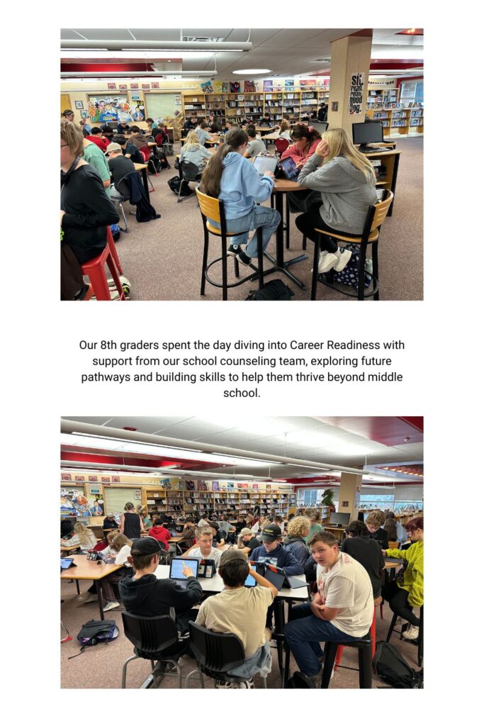 Eighth graders engage in Career Readiness activities in a library filled with students and resources.