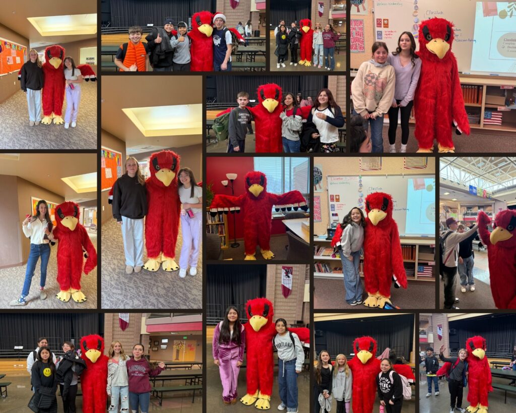 Students pose with a large red bird mascot in various school settings, smiling and enjoying the event.