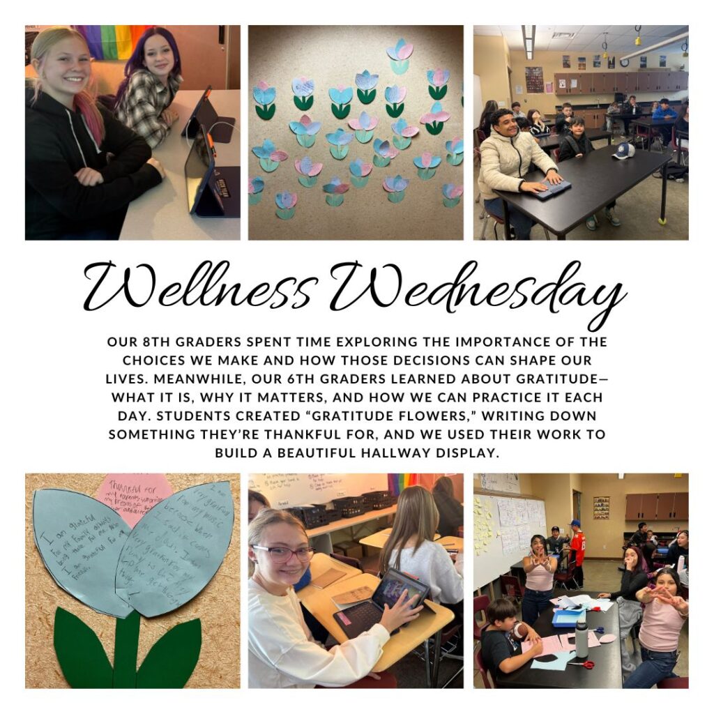 Students engage in a wellness activity, creating gratitude flowers for a hallway display, highlighting choices and gratitude.