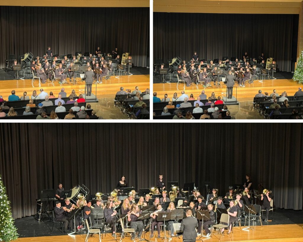 A concert featuring a large band on stage, with a conductor in front and an audience seated below.