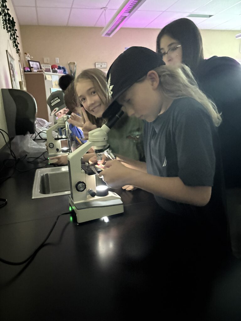 Students are using microscopes at a classroom table, engaging in hands-on science activities.