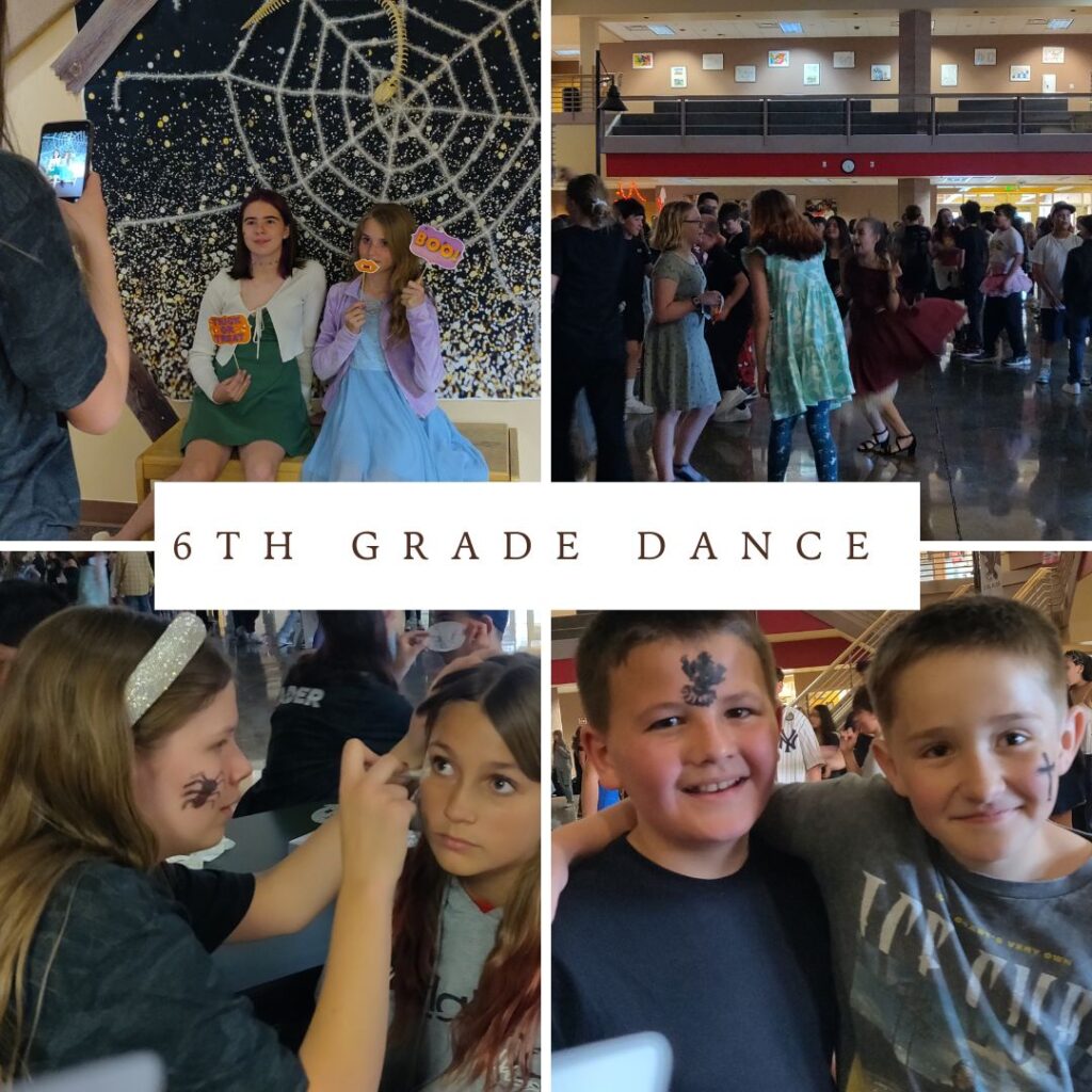 Students enjoy a 6th grade dance with fun activities, costumes, and face painting in a festive atmosphere.