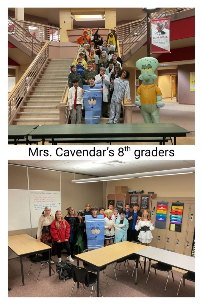 A group of 8th graders in costumes poses for a photo in a school hallway and classroom.