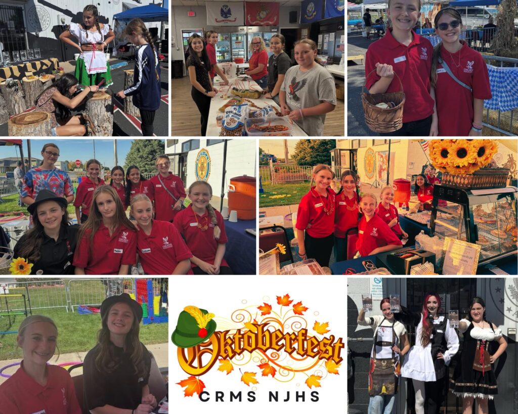A collage of students at an Oktoberfest event, featuring activities, food stands, and festive attire.