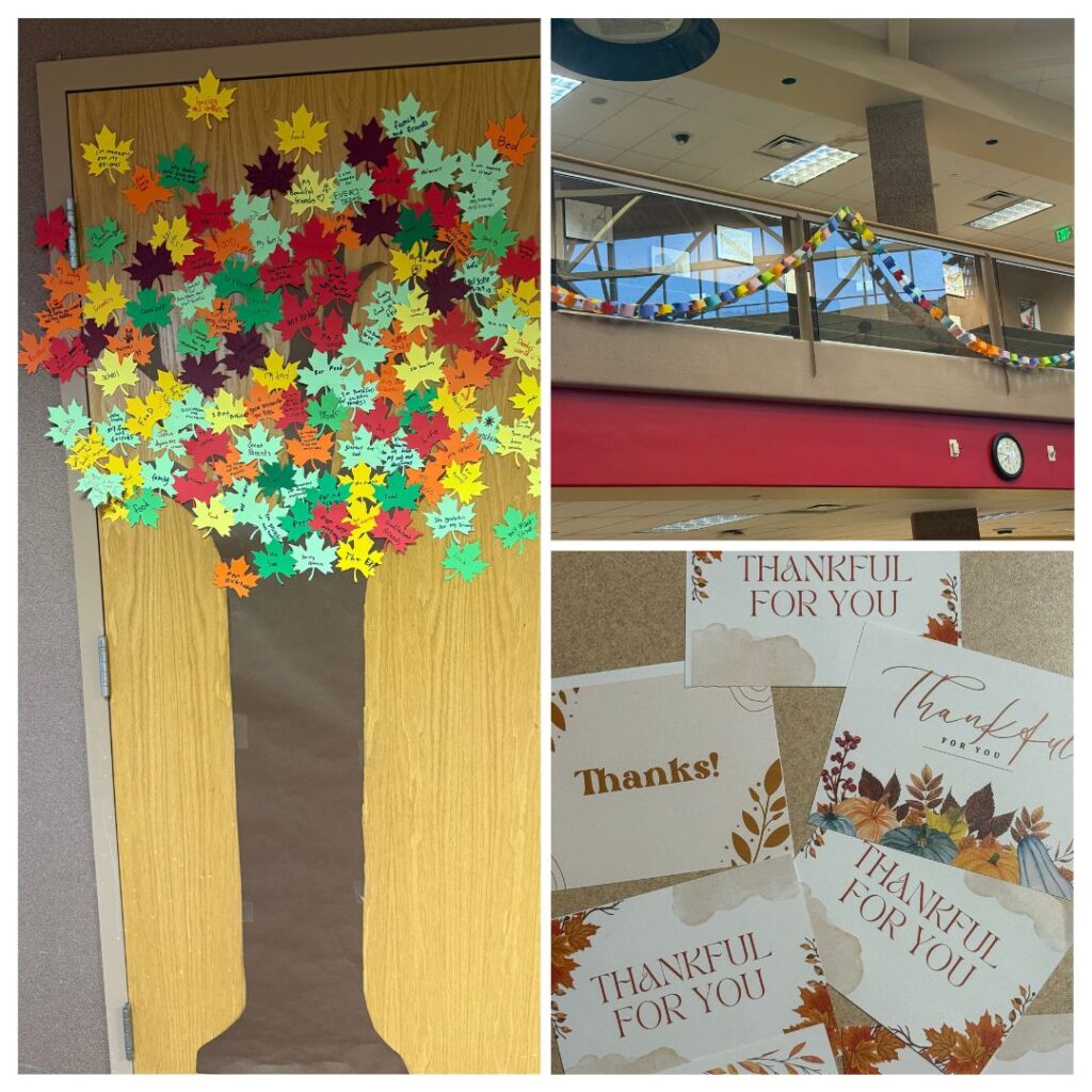 A door decorated with colorful paper leaves and gratitude notes, alongside thank-you cards and a festive garland.