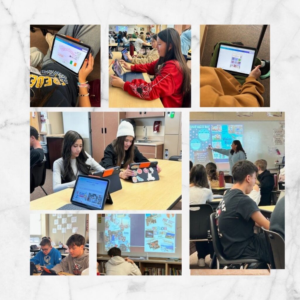 Students engaged in various activities using tablets and laptops in a classroom setting, with a presentation on the wall.