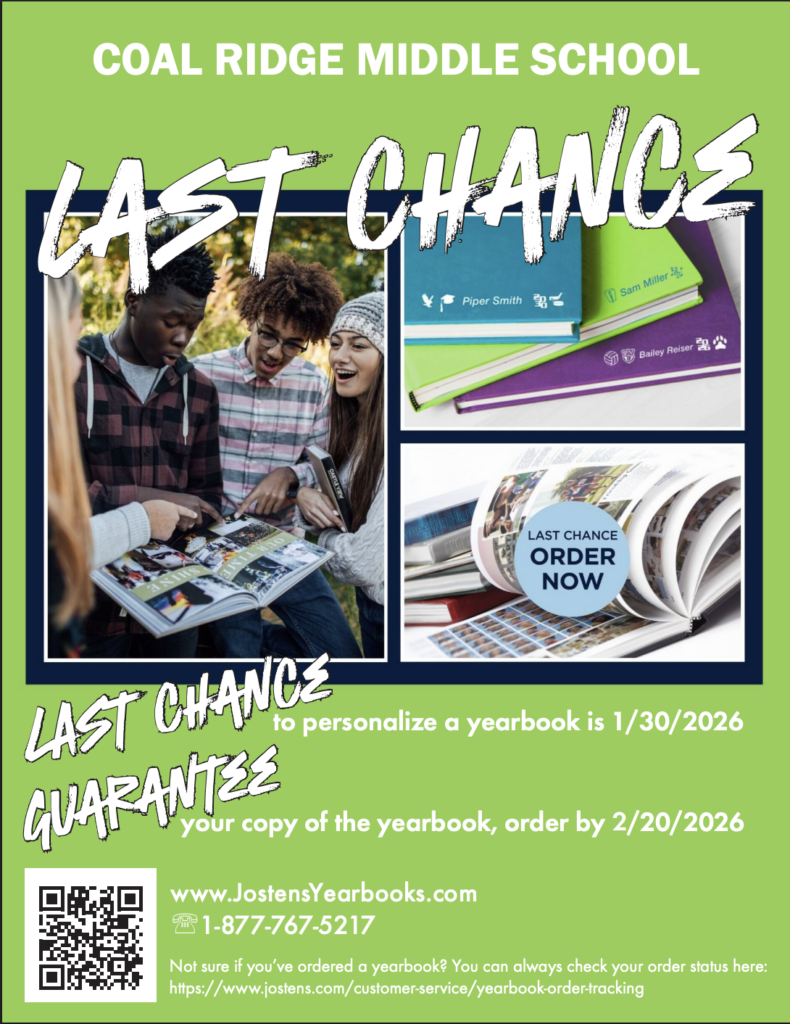 Image promoting yearbook orders at Coal Ridge Middle School, with deadlines for personalization and ordering.