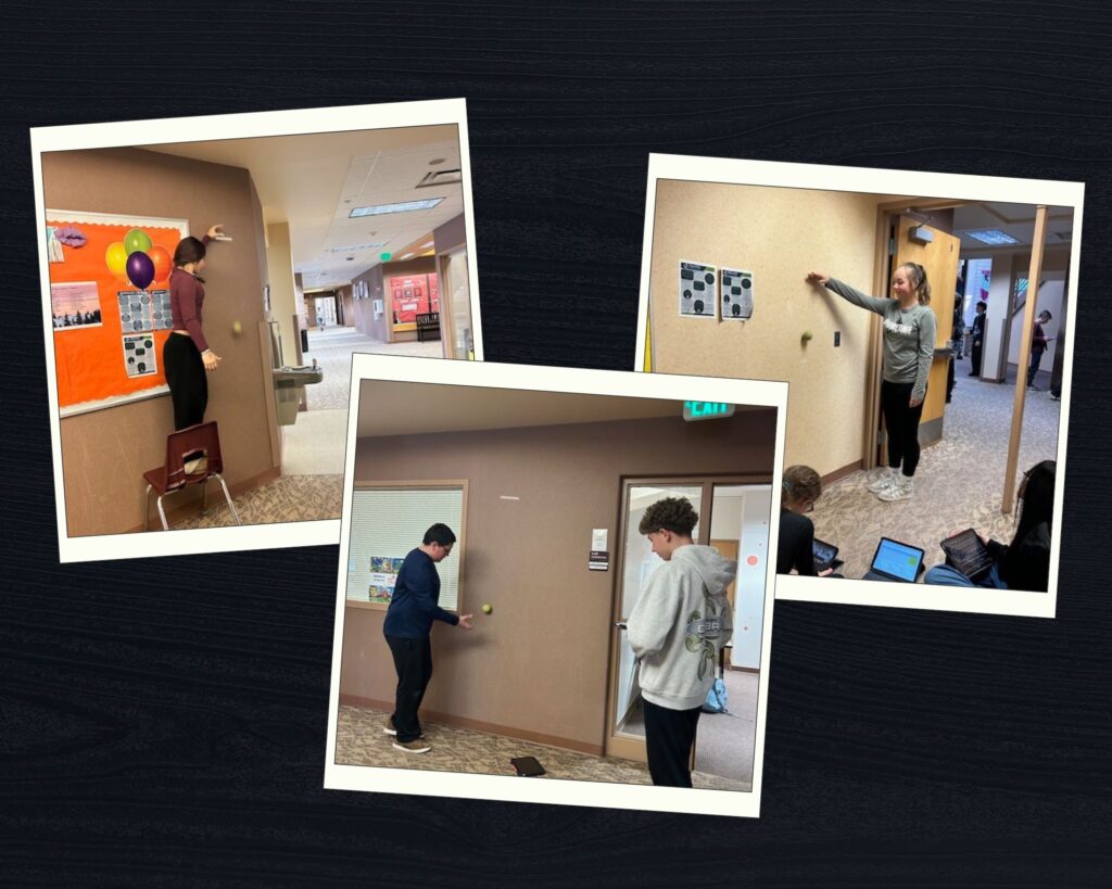 Students engage in activities in a school hallway, using a wall and a chair to reach different heights.