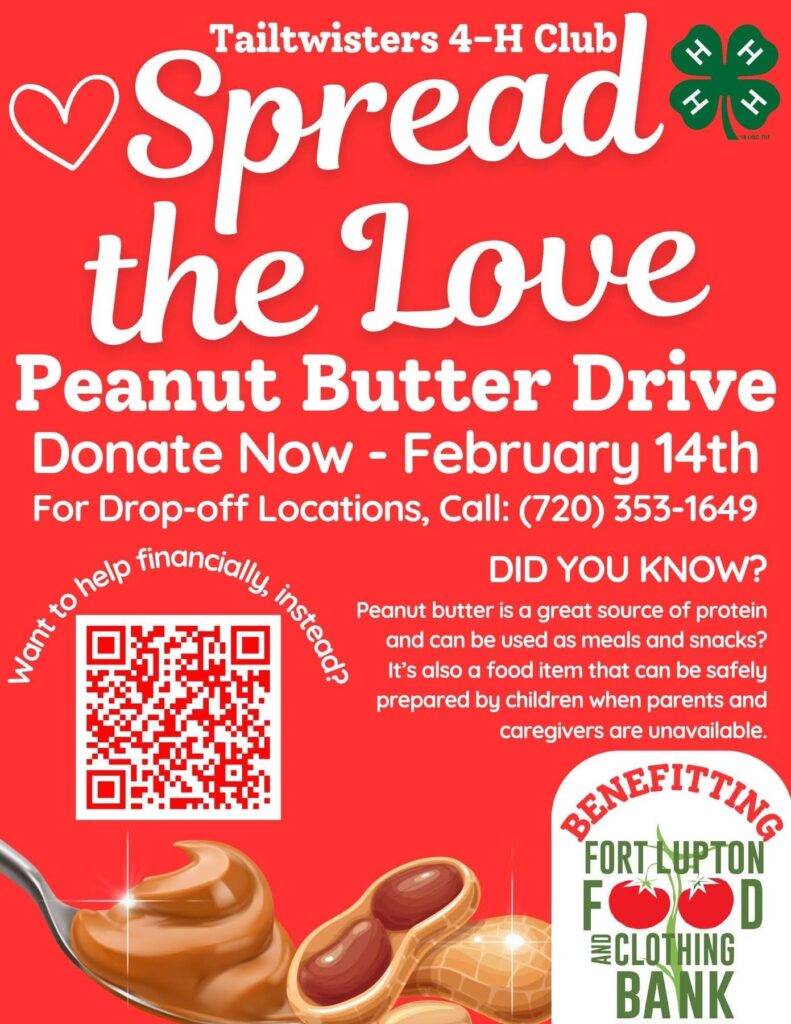 Red flyer for Tailtwisters 4-H Club's Peanut Butter Drive, donating until February 14th, benefiting Fort Lupton Food Bank.