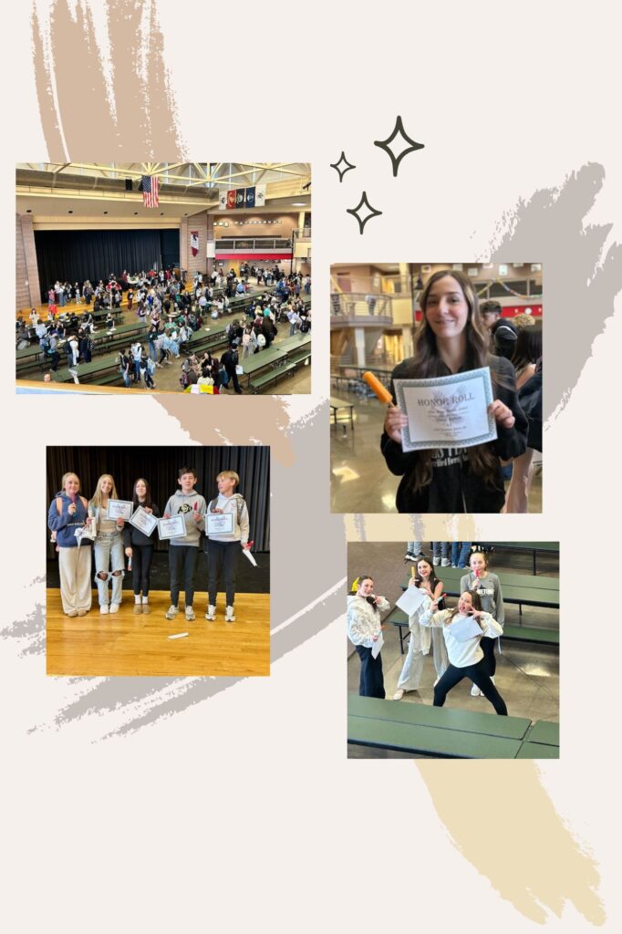 Students celebrate honor roll achievements in a school cafeteria, showcasing awards and joyful moments.