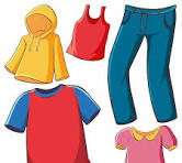 Illustration of various clothing items: a yellow hoodie, red tank top, blue jeans, a red shirt, and a pink shirt with a collar.