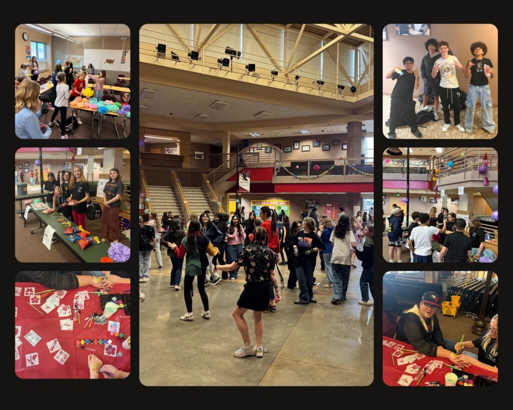 A collage of students engaging in activities like dancing, crafts, and socializing at a school event.