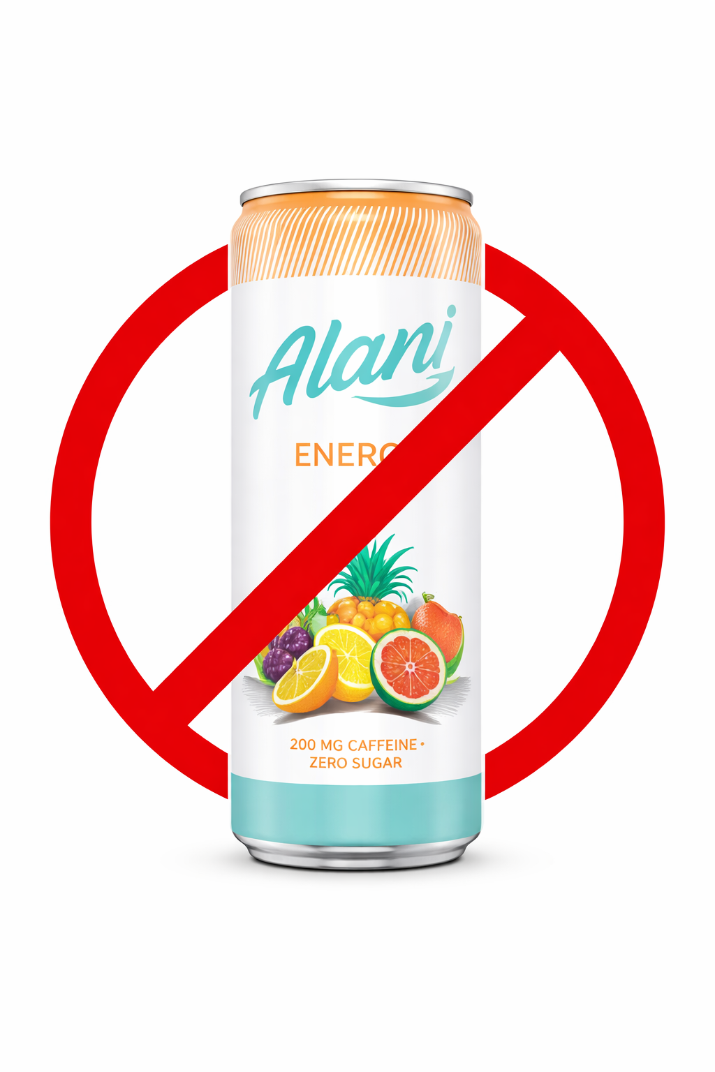 A can of Alani energy drink with a variety of fruits illustrated, crossed out with a red prohibition symbol.