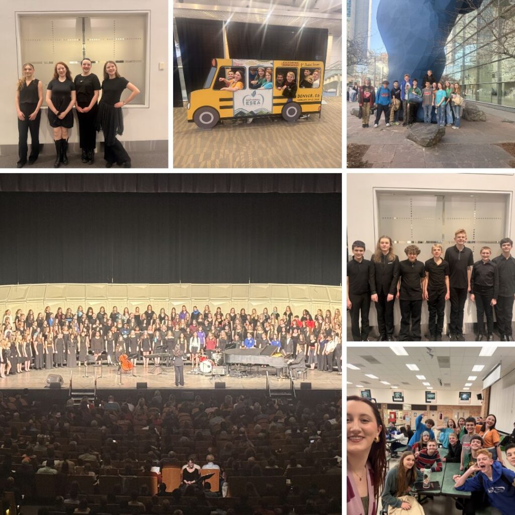 Collage of choir performances and group activities, featuring students in various settings and a concert stage.