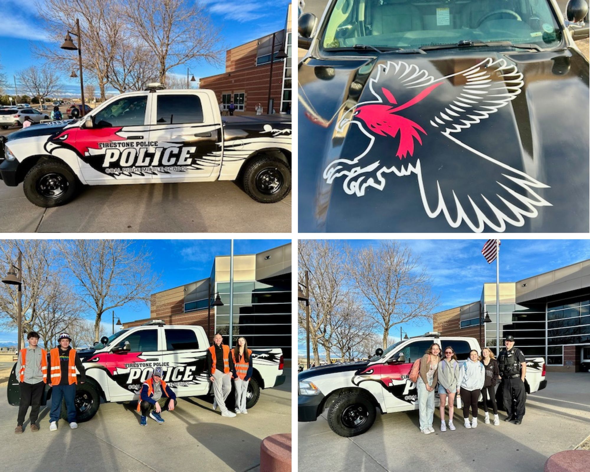 A Firestone Police truck with an eagle logo, surrounded by students and officers outside a school building.