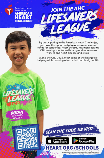 A smiling boy wearing a bright green shirt promotes the Lifesavers League for the American Heart Challenge.