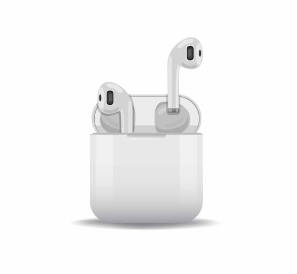 A pair of wireless earbuds partially visible in their charging case, both in a sleek white design.