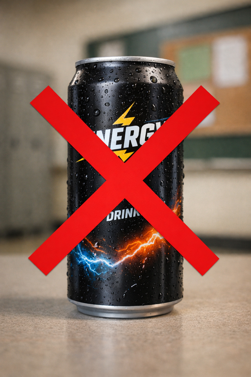 A close-up of a wet energy drink can with a red "X" over it, indicating it's not allowed or prohibited.