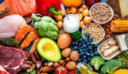 A colorful arrangement of various foods including fruits, vegetables, meats, grains, and dairy products.