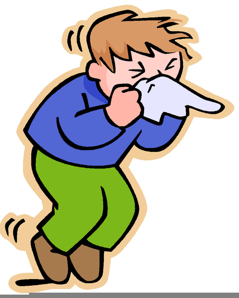 A cartoon boy in a blue shirt and green pants sneezes into a tissue, looking uncomfortable.