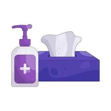 A bottle of purple hand sanitizer next to a box of tissues, both on a white background.