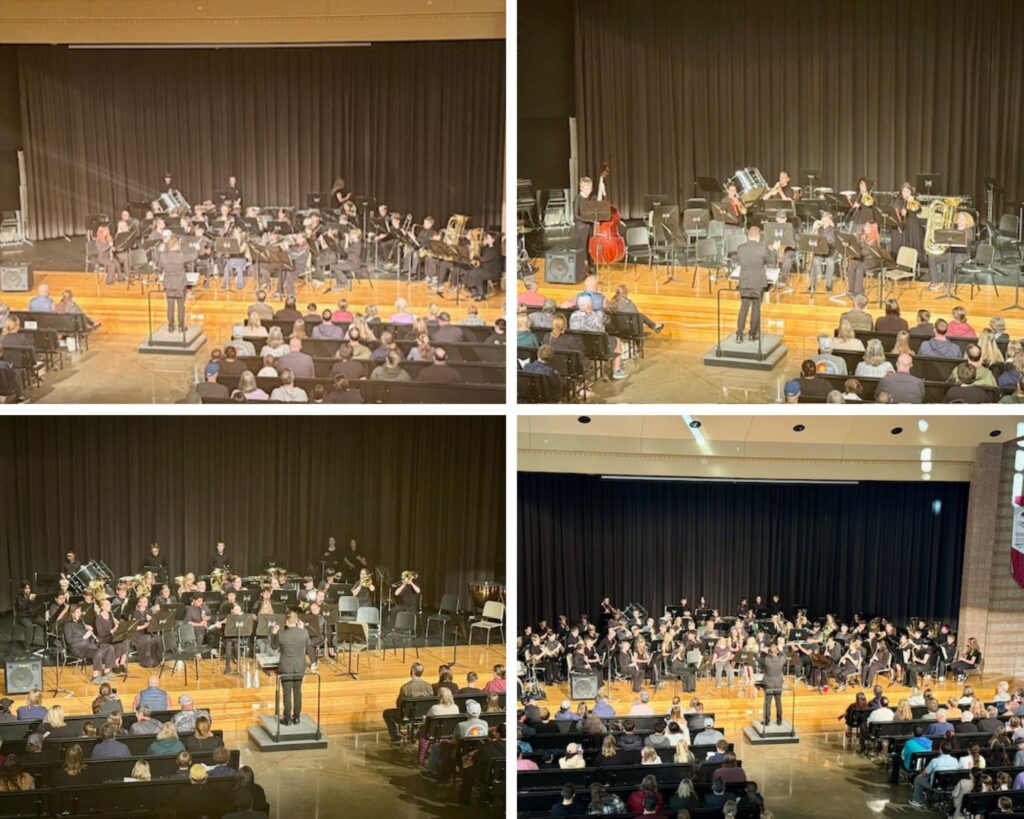 A collage of four images showing a band performing on stage to an audience in a theater setting.