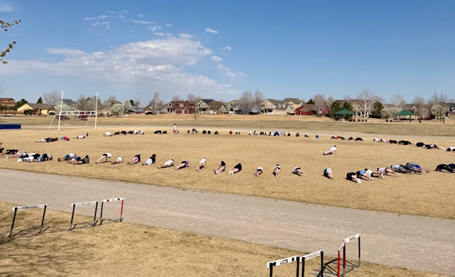 Aerial view of a grassy field with people lying down in a circular formation, surrounded by houses and a clear sky.