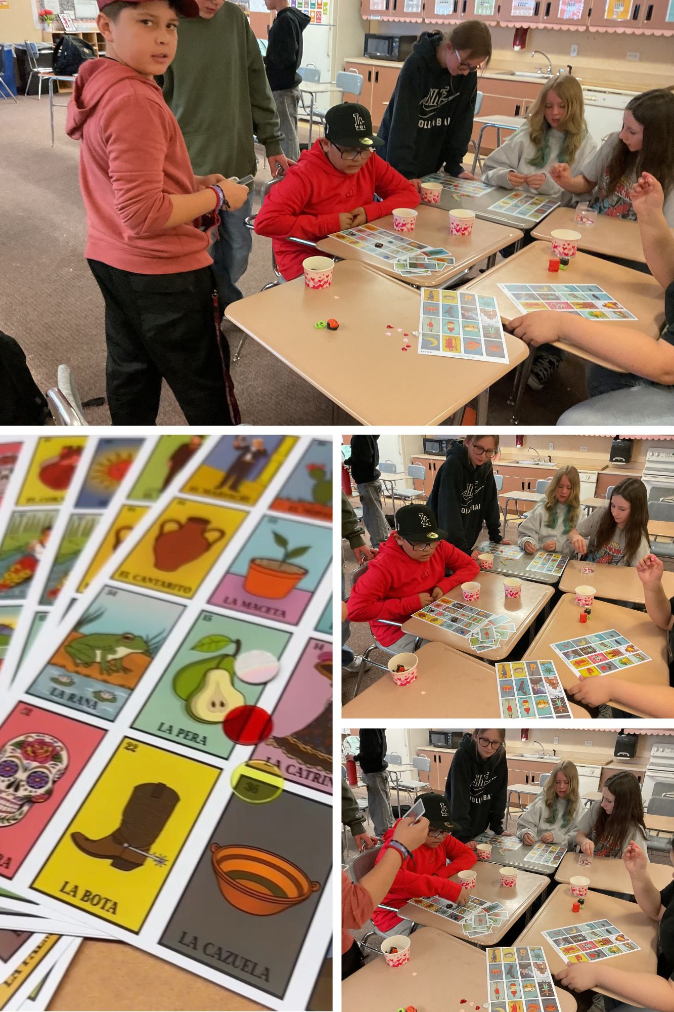 Students playing a board game in a classroom, with colorful cards and snacks on the tables.