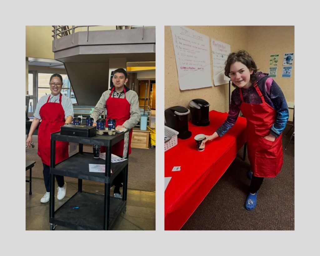 Dos grupos de jóvenes con delantales rojos sirven bebidas. Un grupo está junto a un carrito y el otro, junto a una mesa con cafeteras.