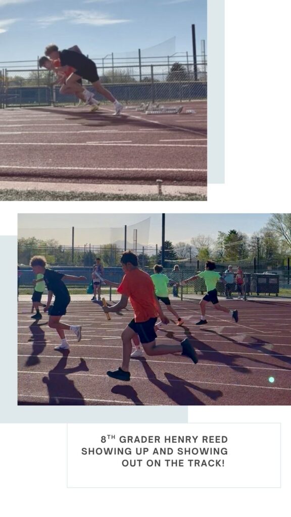 Two images of young athletes running on a track, showcasing a relay race and individual sprints in bright sportswear.
