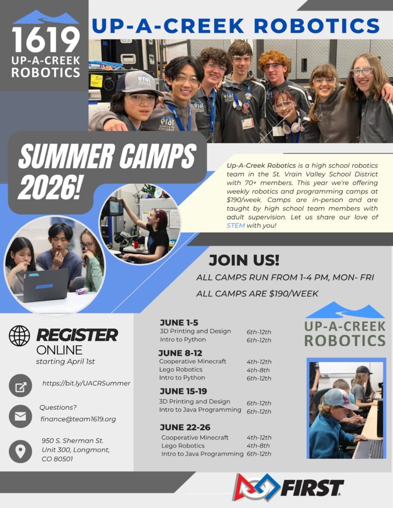 Image of a robotics team promoting summer camps for 2026, detailing activities, dates, and registration information.