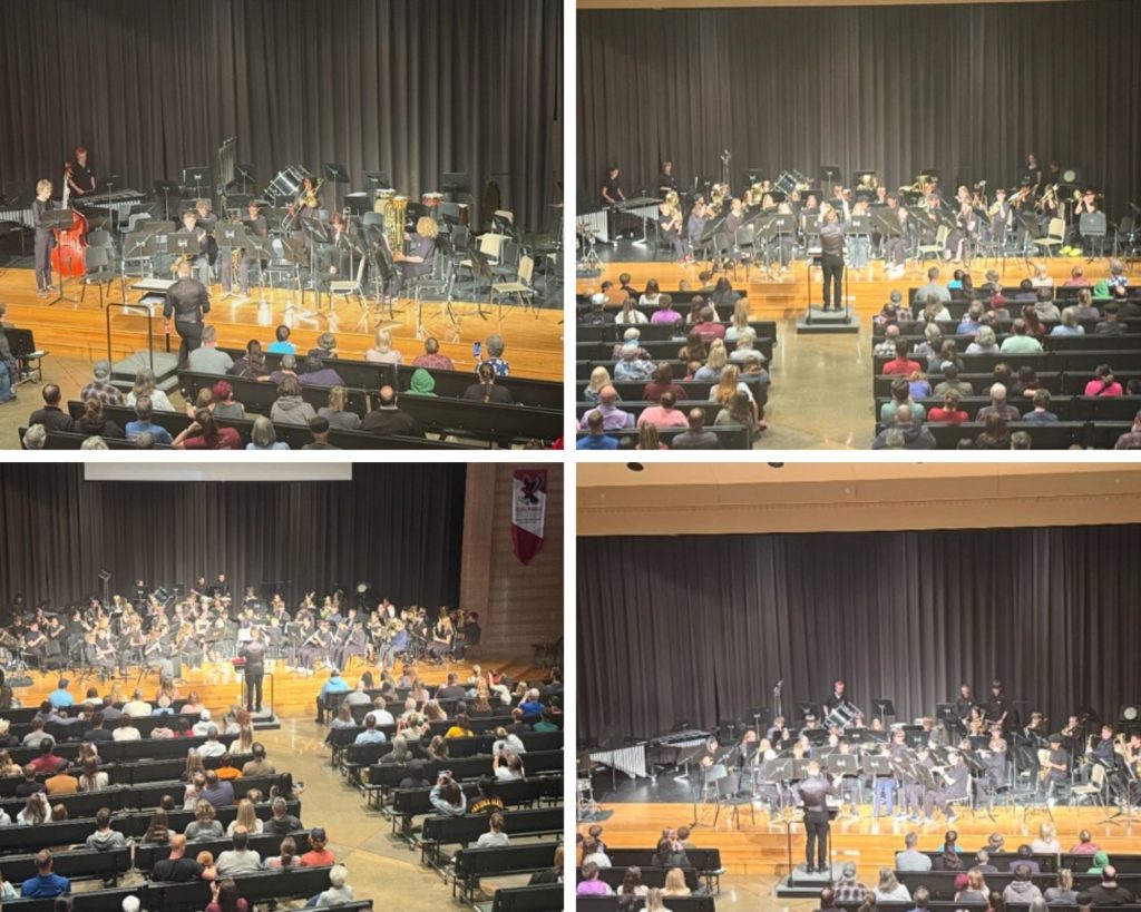 A collage of four images showing a school band performance with musicians on stage and an audience seated below.