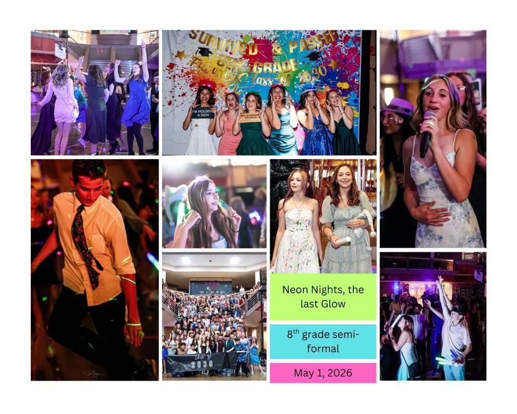 A collage of students enjoying an 8th grade semi-formal dance, featuring lively dancing and colorful outfits.