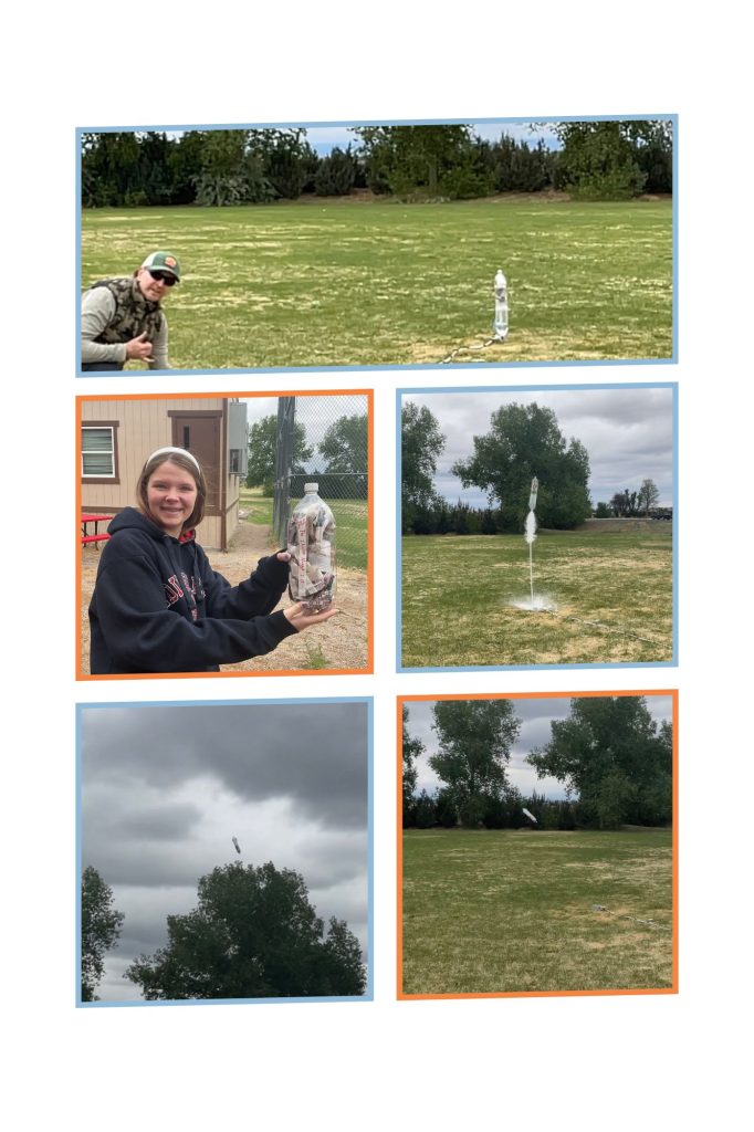 A collage showing a bottle rocket launch with participants, including a boy and a girl, in a green outdoor setting.
