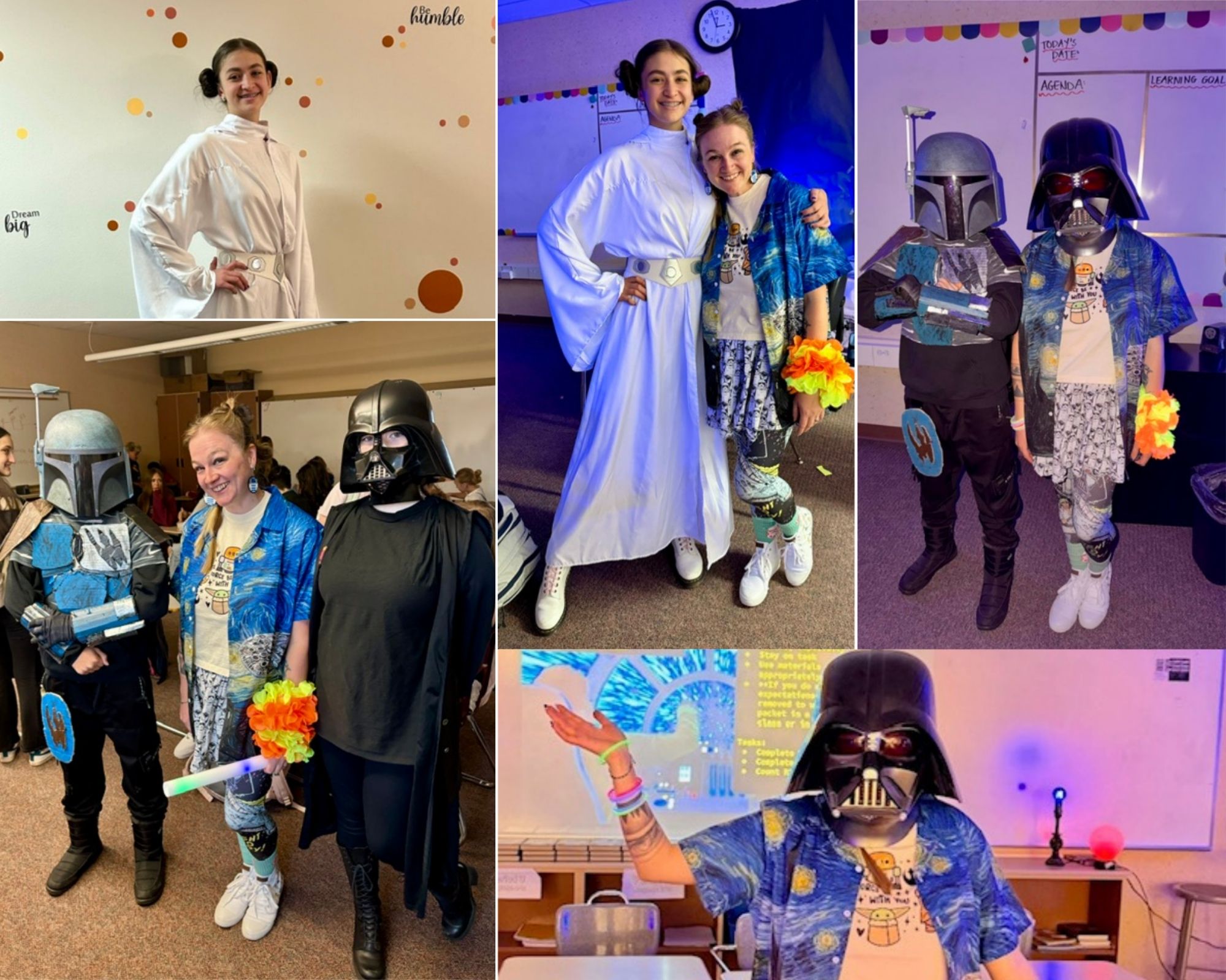 Students dressed as Star Wars characters, including Princess Leia, Darth Vader, and Boba Fett, in a classroom setting.