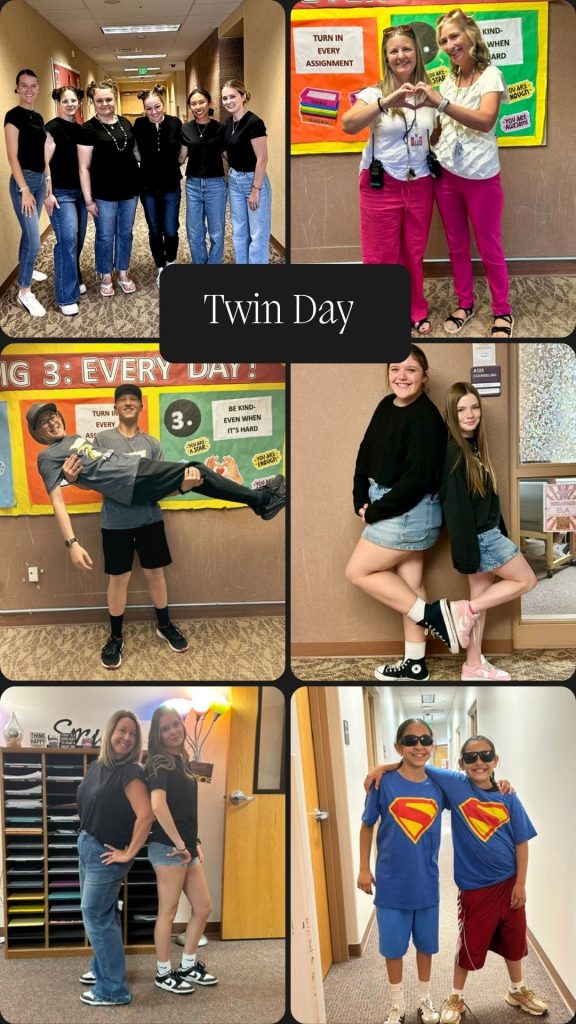 Collage of students and teachers celebrating Twin Day, showcasing matching outfits and playful poses.