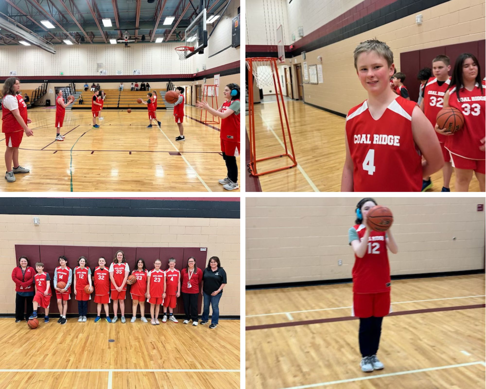 A basketball practice scene featuring players in red jerseys, a team photo, and individuals preparing to shoot.