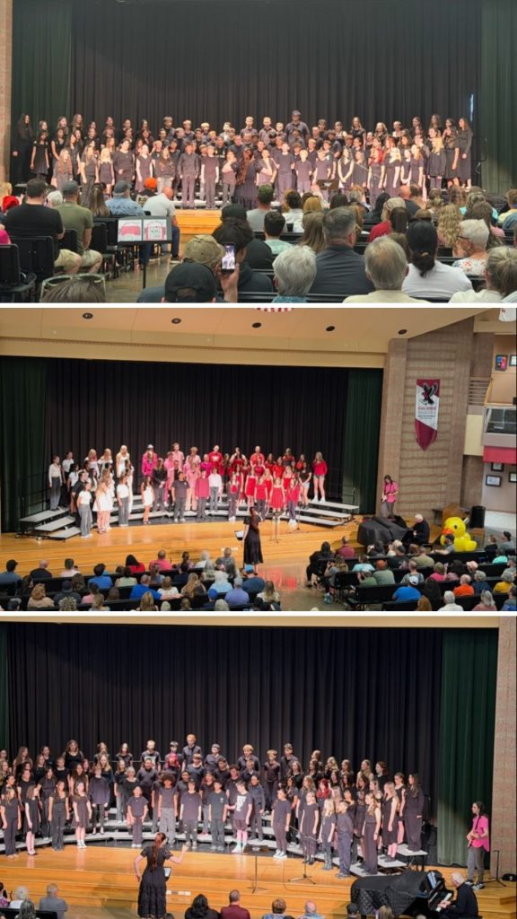 Three images of a school choir performance with multiple groups singing in black and red outfits, and an audience watching.